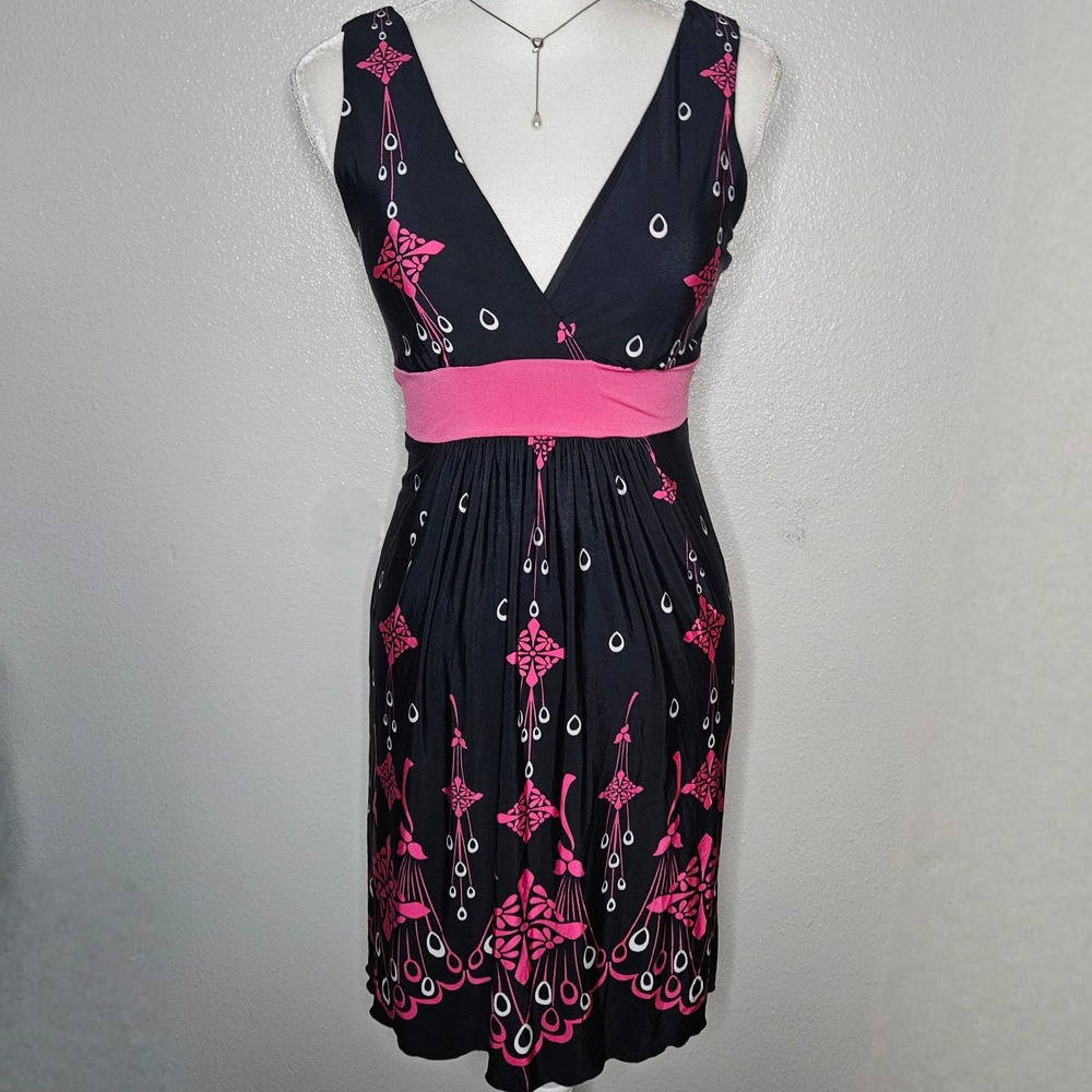 Halo Pink Black Geometric Print Empire Waist Dress